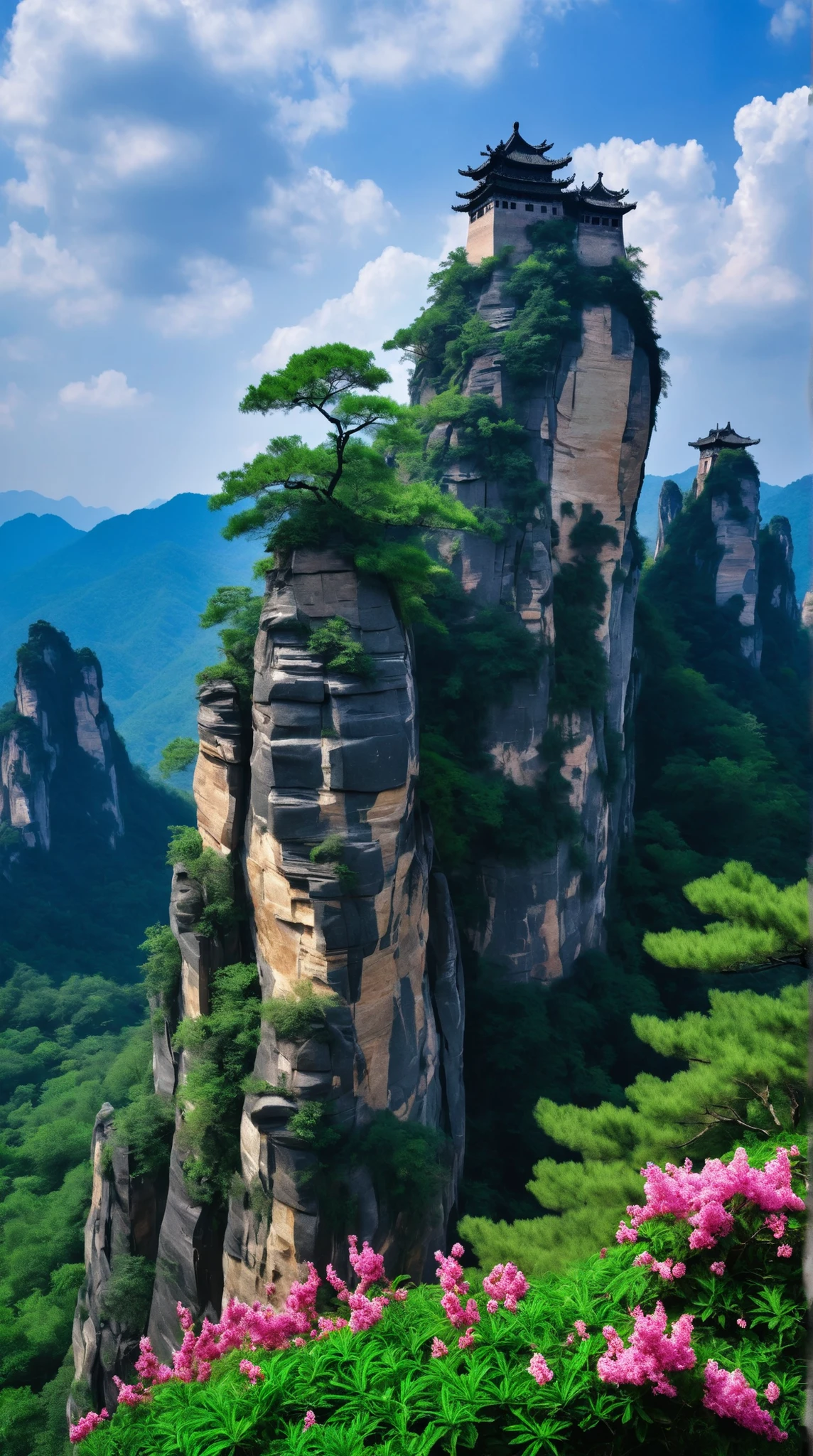 masterpiece、World Heritage Sites in China(Wulingyuan)のmasterpiece、rockと緑のアート、detailsなCG統一8K壁紙、 scenery、Outdoors、null、cloud、 Clear Skies、 scenery、rock、tree、colorful flowers、cliff、nature、details、high definition、flower、 Color Difference、photorealism、湖南省Wulingyuanの非常にdetails、