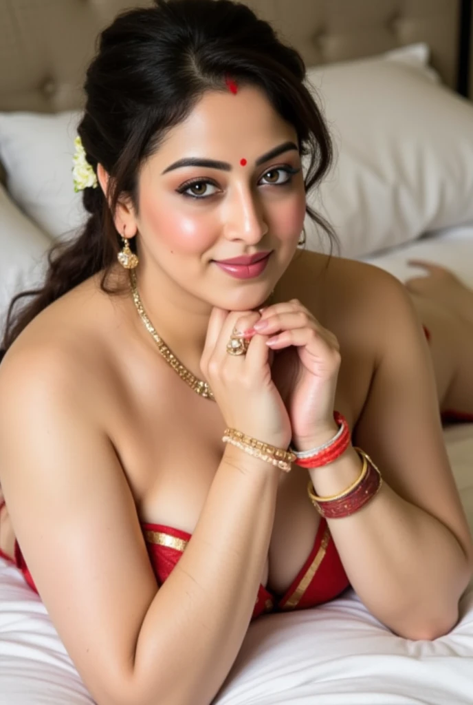 Realistic photography, beautiful nude Indian bride in red lehenga, sleeping on flowers bed, shuhagraat , (First night of marriage), flowers on bed, nude, naked, juicy pussy, legs spread, suhagrat sez, suhagrat sage, sex, having sex with groom, fucking, dildo inside pussy, missionary
