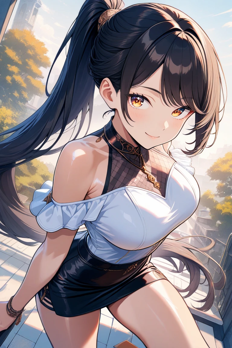 ((masterpiece,Highest quality:1.3,best quality illustration,realistic:1.3)),cowboy shot,独奏,1woman,(Mature Japan beauties)、brown hair,long hair,center parted bangs,brown eyes,big gorgeous eyes,((very small head:1.3)),blush,smile,((very long body:1.2,skinny)),medium breasts,(tan skin:1.5), (gleaming skin,toned body,slender body),sweat,(Black sleeveless dress、Black pleated mini skirt)、Luxurious party venue、