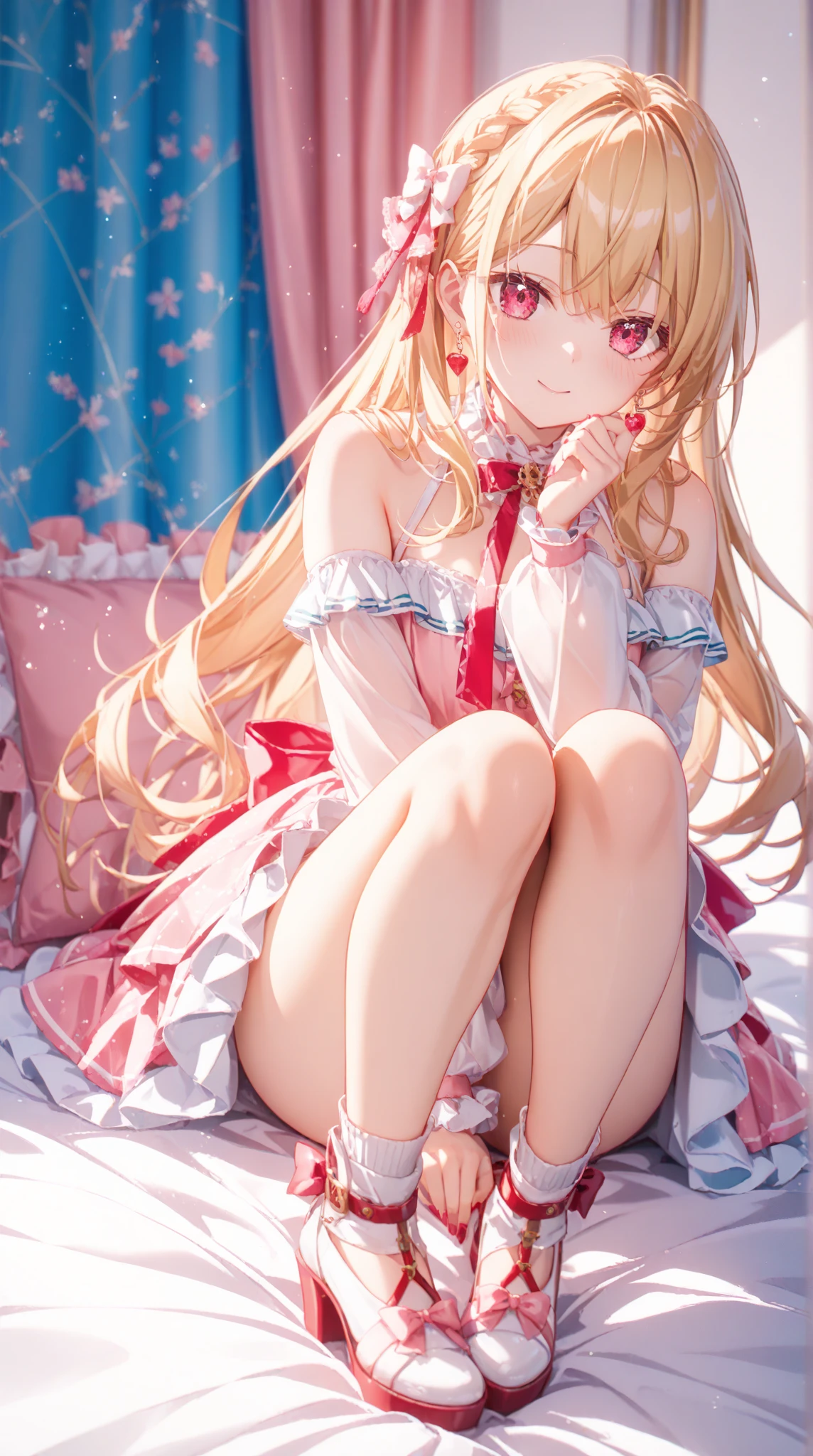 piperBS, 1girl, blonde hair, hair bun, blue dress, puffy sleeves, short sleeves, pink gloves, fingerless gloves, pink belt, shoes, blue footwear, cute and blushing 18 years old anime girl, look away because she is embarrassed and blushes, bright blue eyes, detailed face, detailed members, detailed arms, detailed hands, ((((sparkling diamond jewelry)))), tiara, ((makeup)), high heels, puffy sleeves, long gloves, long eyelashes, Girl lying, tied by ropes, shackled, can no longer move, tied tightly, very hard tied up with lots of ropes, hampered by so many ropes that she can no longer move, bound hands and feet, ropes tie his whole body, tied extremely tightly and forcefully to her bed by a lot of ropes, its limbs are strongly tied together by ropes, his torso is tied up with thick cords, her chest is so tied up with ropes that it sticks out, her legs are tied tightly with thick ropes, his hands are tied behind his back with ropes, she can no longer move her feet, her hands which are tied by thick ropes, she desperately tries to free herself, likes to be tied tight with big ropes, likes to be immobilized by big ropes, lying down, his hands and feet are strongly tied to the railing of his bed, his legs are pressed together and tied with ropes, its limbs are held vigorously by imposing ropes, her hands are tied securely behind her back by ropes, her chest is compressed by strong ropes, she is pressed against her bed and restrained by large ropes (shibari, arms behind the back:1.4), (hands on the back), (masterpiece, best quality) 1.5, 1girl, solo, (sexy, beautiful woman, perfect face, perfect eyes, perfect hands), samus aran, (shibari, arms behind the back:1.4), (hands on the back), Spread the legs, s' ((lie in bed by big ropes)), ((close up of the girl)), ((((lie in bed)))), ((((bedroom decor:1.4))))