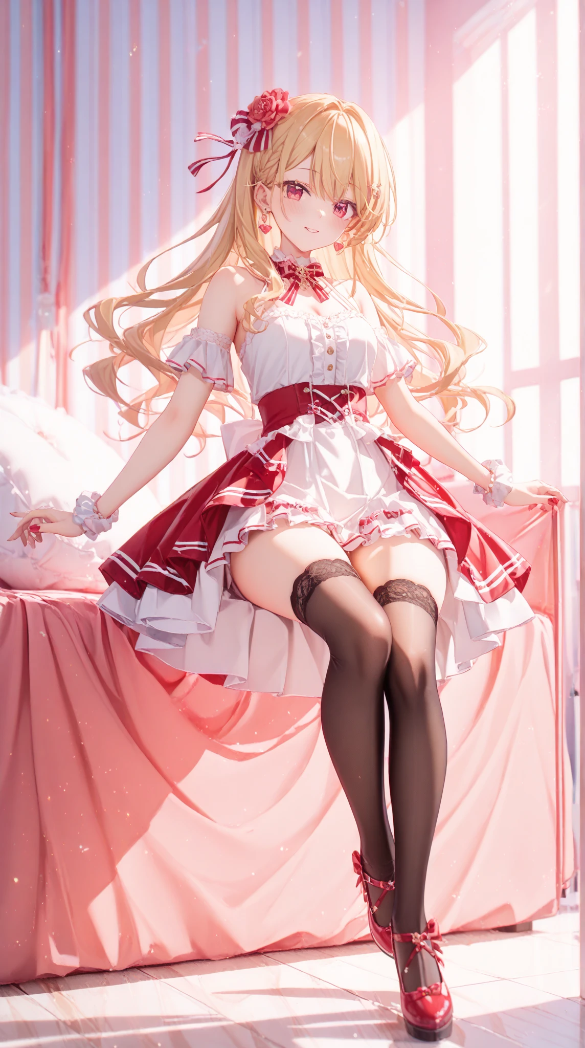 famous pop singer, cute kawaii, hime blunt bangs, smile, white patterned pantyhose, laying, high quality, (concept art)