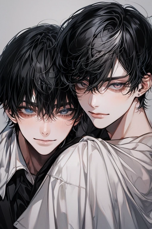 (Masterpiece), (Best Quality), Very detailed, (( 7 Friends:1.5)), Perfect Face, Beautiful Face, Very detail, (short Black-haired man), (short Silver-haired man), love letter, chocolate, hug, kiss, love