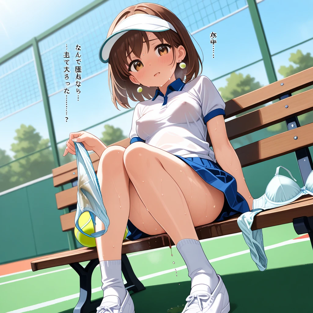 absurdres, highres,
BREAK
looking at viewer, full body, (from below:1.5)
BREAK
(vivid-color:1.3)
BREAK
(one girl:1.3), (:1.2),red hair, blue eyes, tennis uniform, hairclip, earrings, jewelry, nm1, hair ribbon, short hair, tennis cosplay, (pleated super short skirt:1.4), (thighs:1.3), large breasts, (evil smile:1.3), open mouth, (folding one's arms:1.3), (breast:1.3), round eyes, (blowing in the wind:0.5), sweat around girl, dripping sweat, (((Very pretty panties))), (sit on a bench:1.3), (bare feet:1.3), (foot focas:1.2),spread legs,looking down,looking at viewer, perfect foot,emphasis on the soles of the feet, from below ceiling, breath, pov, (shiny skin:1.1), squall (wind:1.2), sense of speed, refreshing breeze, motion blur effect, wind
BREAK
background is (tennis court:1.3), (Stand in the center of the screen:1.3), (10,000 people spectators:1.3), multiple people behind you, blue sky with clouds, outdoors, (magnificent panorama view:1.2), wind
BREAK
sunlight, magnificent view, rainbow in the sky, light particles, dynamic angle, dutch angle, perspective
BREAK
(daytime, sunbeam:1.2), depth of field, bokeh, light leaks, (chromatic aberration:1.2), noon
BREAK