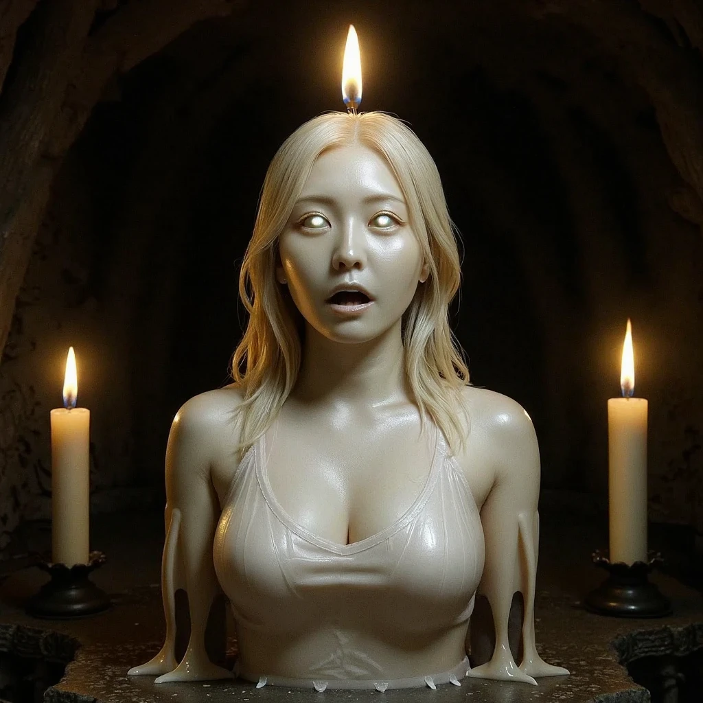 8K, photorealistic, erotic photography of a naked Japanese witch doing demonic dancing inside an ancient temple, beautiful actress Li Bingbing as a nudist witch (doing demonic dancing:1.5), (surrounded with many skulls:1.5), (dynamic dancing pose:1.5), (Li Bingbing face:1.3), (beautiful thin face:1.3), gothic makeup, beautiful eyes, vicious gaze, sexy lips, horny smile, (wavy long silver hair:1.3), skinny body, six-pack abs, (wearing torn and open kimono:1.3), showing her enormous and voluptuous breast, areola protruding, errect-nipples, skinny legs, spreading legs, very wide open crotch, (showing her very dense pubic hair:1.5), (showing her very wide open vagina hole:1.3), background is a plain black wall, takato yamamoto aesthetic, chie yoshii, hone onna skeleton geisha, japanese gothic, by Otake Chikuha, style of takato yamamoto, eiko ishioka, sorayama. occult art, by Yuko Tatsushima, by Yuki Ogura, japanese horror, gritty, dark and cinematic, (view from bellow:1.3), highly detailed, film grain, cinema cam, narrow depth of field, best quality, masterpiece