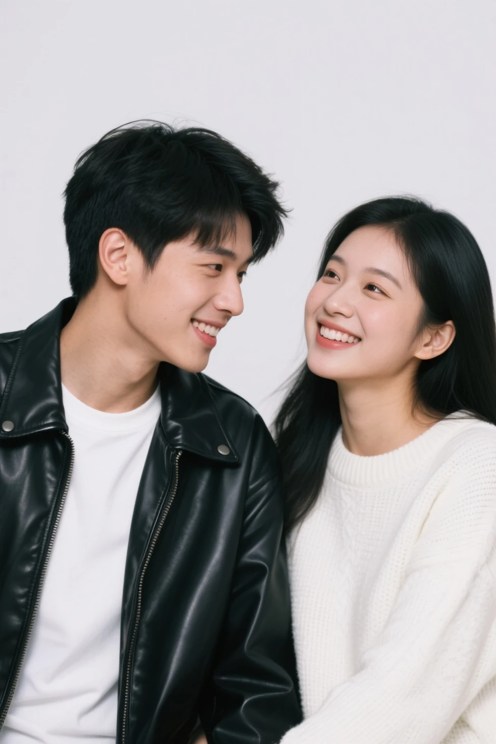 Two people posed for a group photo on the white carpet, Ruan Jia and Fenghua Zhong, Happy couple, cute couple, Li Zixin, zmonzheng, Smiling couple, couples portrait, photoshoot, couple, tang mo, product introduction photos, jinyiwei, 60mm portrait, ruan jia and brom, couples portrait,high-definition photography,8K