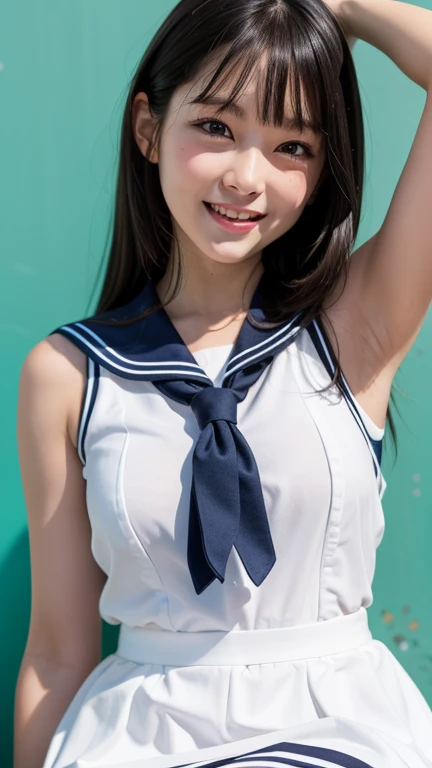 Neat and clean high school girl、(school uniform、Sailor suit、Ribbon tied on chest、Summer clothes、The upper body is white、The skirt is navy blue)、Outside the stadium、(slim)、Realistic、detailed, Skin Texture, 超detailed、Delicate and sexy collarbone、A sloppy smile、スーバーdetailedな顔、detailed唇、detailedな目、Small breasts、Small breasts、、Small breasts、Flat Chest、Accentuate your breasts、Bright Face、((Are standing、White panties are visible under her skirt、Lift the hem of your skirt slightly with both hands..,,))((Naked and wearing only a white apron、Naked sexy white apron))、Short hair with bangs、Straight Bob Hair、、Top view、12 years old