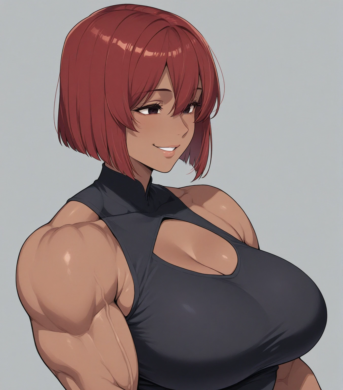 Marisa,short red hair, blunt bangs, makeup, green eyes ,muscular, biceps, close up, smile,  flexing,  sweat,  smelly, blush
Mattire, fingerless gloves, black sports bra with gold trim, big  chain necklace, toeless legwear, bike shorts, small skirt,  tight attire,
(insanely detailed, beautiful detailed face, masterpiece, best quality)  <lora:Marisa-10:0.7>