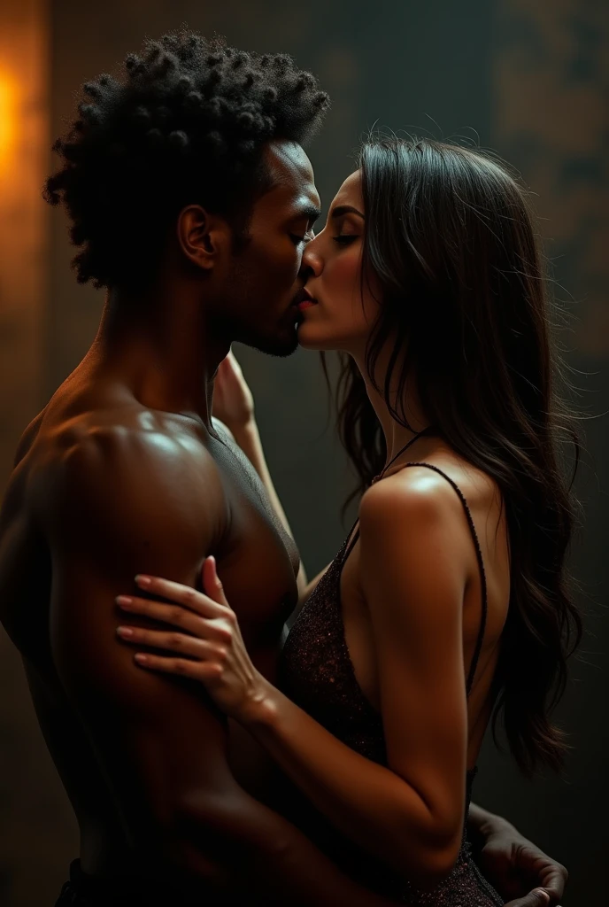 a romantic vintage photo of a black woman with curly hair, voluptuous body and a tall man, strong green eyed and black haired, they are hugging each other ready to kiss, romance is in the air
