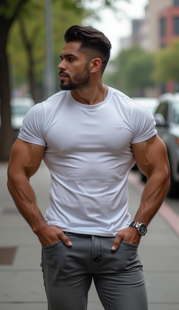 Man standing on the street, natural look, musceled, muscles visible in white t-shirt, tracksuit, short hair, buzz cut, small beard