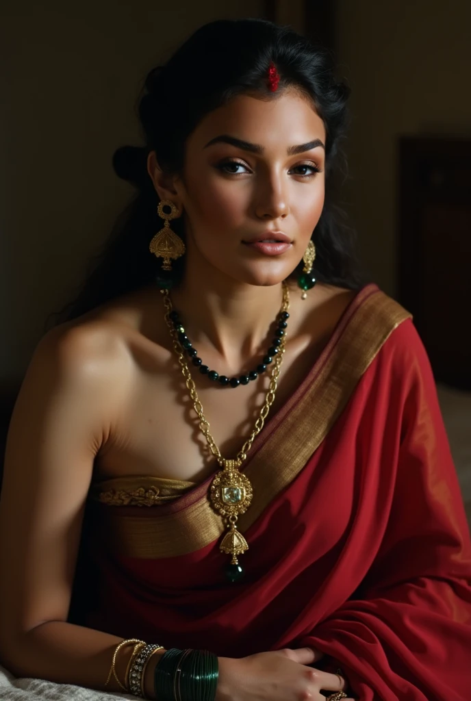 a woman in a green sari with a gold necklace and a red blouse, wearing gold jewellery, assamese aesthetic, traditional beauty, gold jewellery, wearing elaborate green and gold, wearing elegant jewellery, wearing jewellery, heavy gold jewellery, wearing bihu dress mekhela sador, traditional makeup, photo of a hand jewellery model, gold jewelry, golden jewellery
