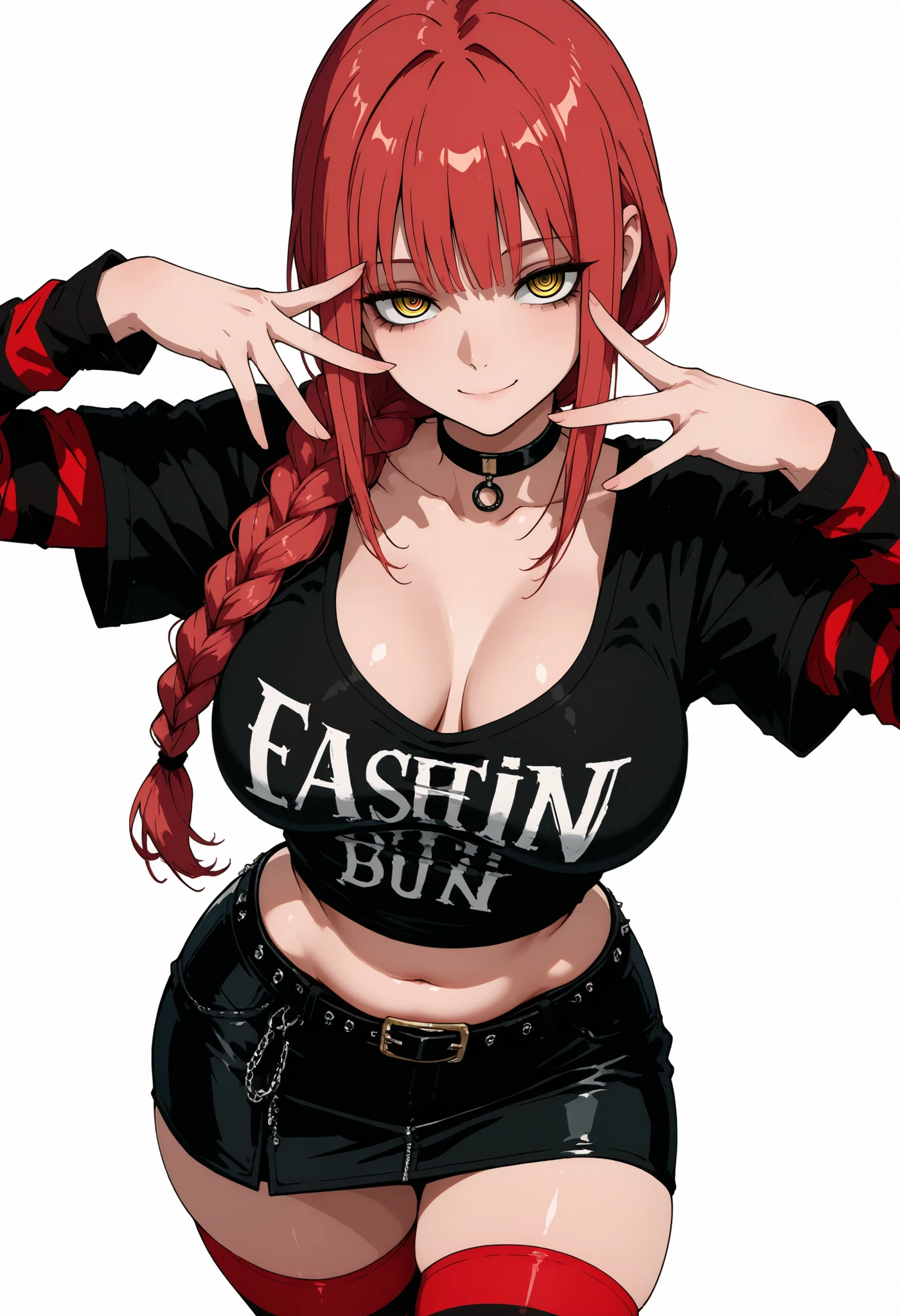 ((center)), ((masterpiece)), a chic , Elegant appearance, detailed students , detailed eyes, curvy body, Medium Breasted , perspective, Smile, fashion style punk outfit, Emo fashion, dark crop t-shirt, striped red sleeves, skirt, striped red stockings, belt, choker, low leg, Sexy belly, makima, long hair, smile, bangs, yellow eyes, braid, red hair, braided ponytail, ringed eyes, large breasts, white background, simple background, random pose, CLEAVAGE, breast apart, cowboy shot