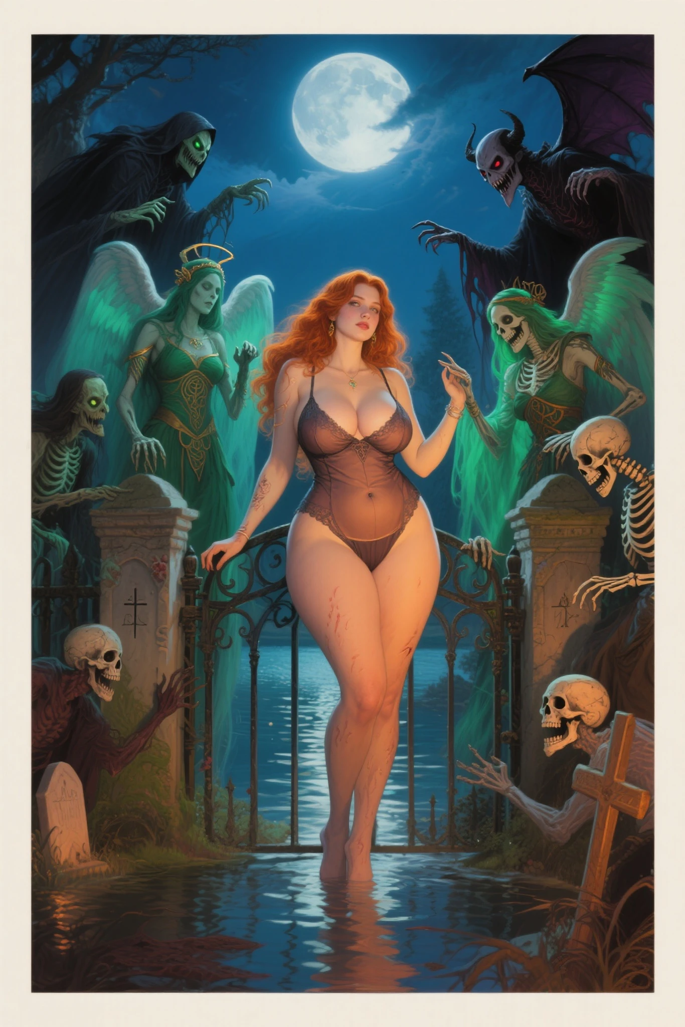 A redheaded woman sings, dressed only in veils, dancing on the moon as she dreams, painting of the moon's craters, many inappropriate objects, lots of intimate underwear, fishnet stockings, lace bolero, books, make-up accessories, surrealist painting, magic realism, bizarre art, subtitle at the bottom of the picture "Où est mon ami Pierrot?" in beautiful blue and gold letters.
