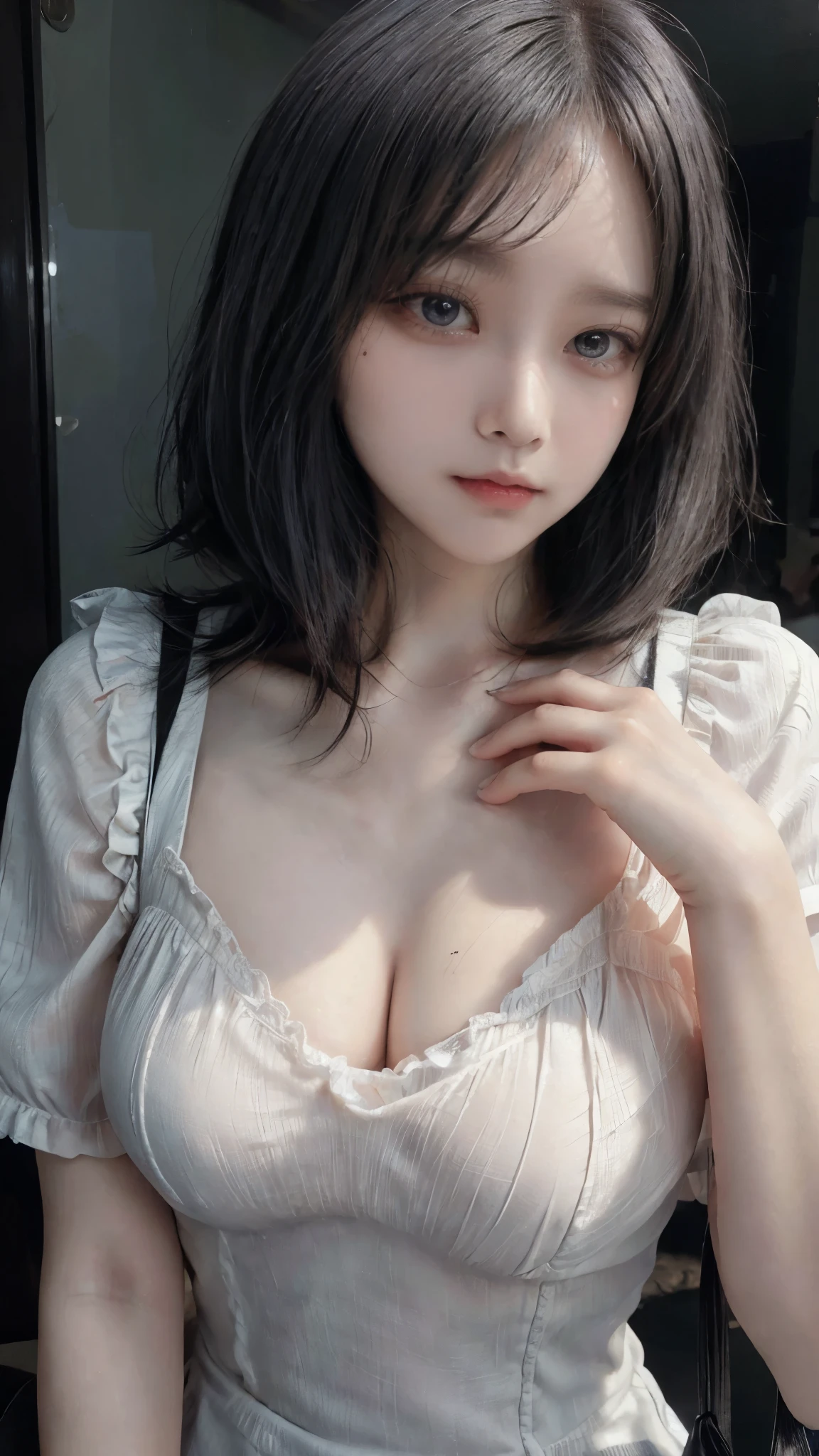 masterpiece, hinata\(boruto\), 1girl, mature women, (((White Lace Lingerie Kimono Spaghetti Strap Top))), (((selfie))), (((Close-up photo))), (((cleavage))), (((Closed Clothing))), (((big breasts))), (((big round breasts))), (((round breasts))), (((extremely heavy breasts))), (((Colossal tits))), (((heavy breasts))), (((plump breasts))), (((perfect breasts))), (shy face), detailed lips, beautiful face, blush, (pink lips), (((long hair))), white eyes, gentle gaze, smile, super realistic, detailed, realistic face and body, realistic hair, realistic eyes, realistic nose, realistic lips, seductive pose, (((straight bangs))), (dark blue hair), 28 year old girl