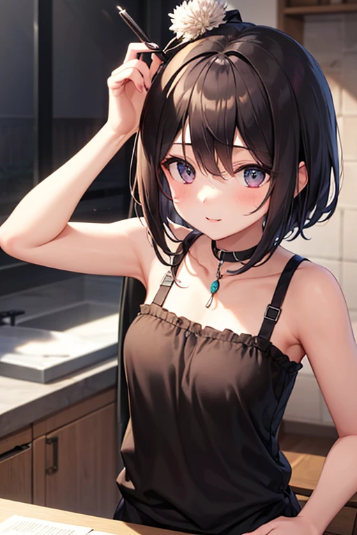 ((masterpiece, highest quality, High resolution, Hmm, Pixel perfect, Depth of written boundary, 4k, RTX, HDR))), 1 Girl, single, alone, Beautiful Anime Girls, 15 years old, Beautiful art style, Sunburned skin, anime character,,(Black hair,,Low twin tails),Black Eye, Narrow eyes, (Smooth texture:0.75, Realistic texture:0.65, Realistic:1.1, Anime CG Style), Medium breast,Perfect body ,(Black Tube Top), mini skirt,Open Mouth Smile