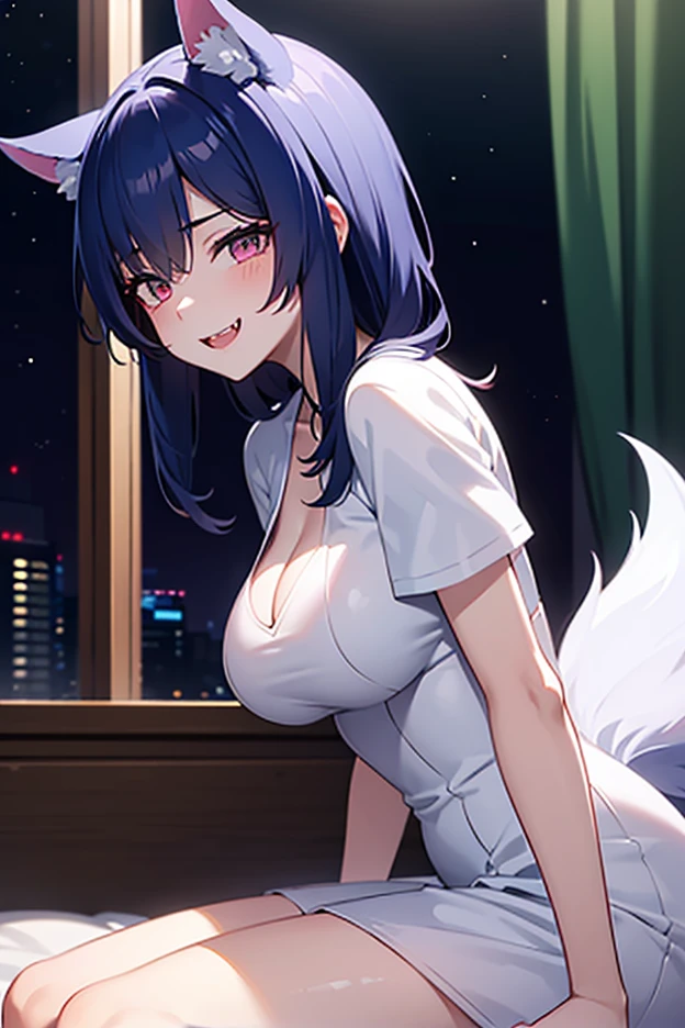 masterpiece, high quality, high resolution, 8K detailed face, detailed body, 1girl, solo, hinata hyuuga, black hair, white eyes, no pupils, (((blue multiple tails, blue fox ninetails, blue fox ears))), (((slim body, naked body, nude shoulders, large breasts, pussy))), (((perfect body, perfect hands, perfect eyes, perfect anatomy, perfect face))), sexy pose, necklace, bracelet, hair ornament, standing, happy, blushes, city