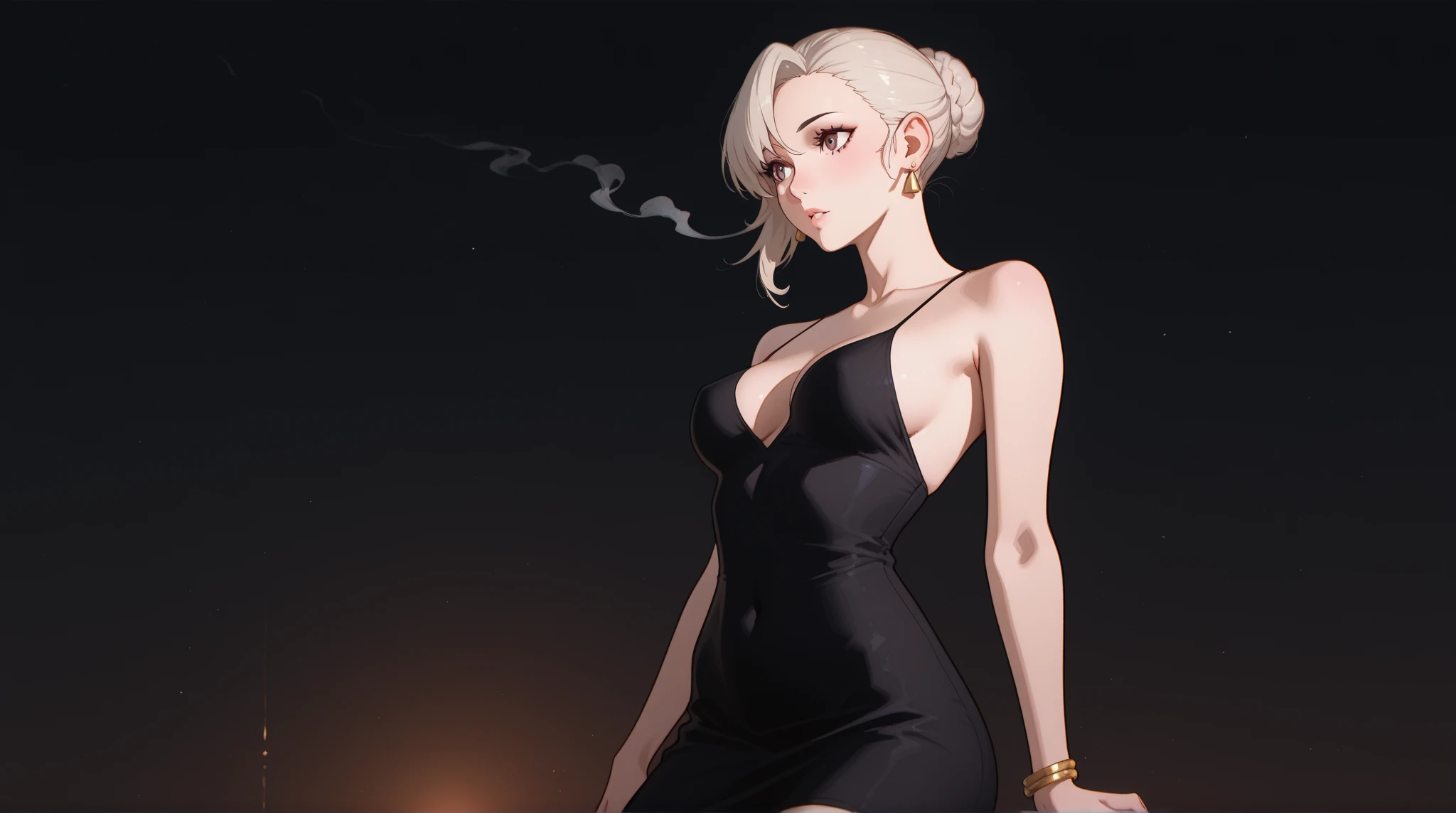 (masterpiece, best quality:1.4), (beautiful, perfect, delicate, detailed, intricate, aesthetic:1.2), hyper realistic, photorealistic, beautiful lighting, cinematic shot, cinematic lighting, cinematic bloom, looking at viewer, (1girl, solo), (perfect face, detailed face, eyeliner, glossy lips, blush), 1 girl with white straight medium-length hair, (natural breasts, small breasts, narrow waist), cute, adorable, sexy pose, dynamic pose, flirting, teasing, (arms up), (cowboy shot), , gold earring, large breasts, choker, bare shoulders, black dress, two-sided dress, fingerless gloves, thigh boots, bbyorf, short hair with long locks, white hairband, red eyes, gold earrings, jewelry, off shoulder, black pantyhose
