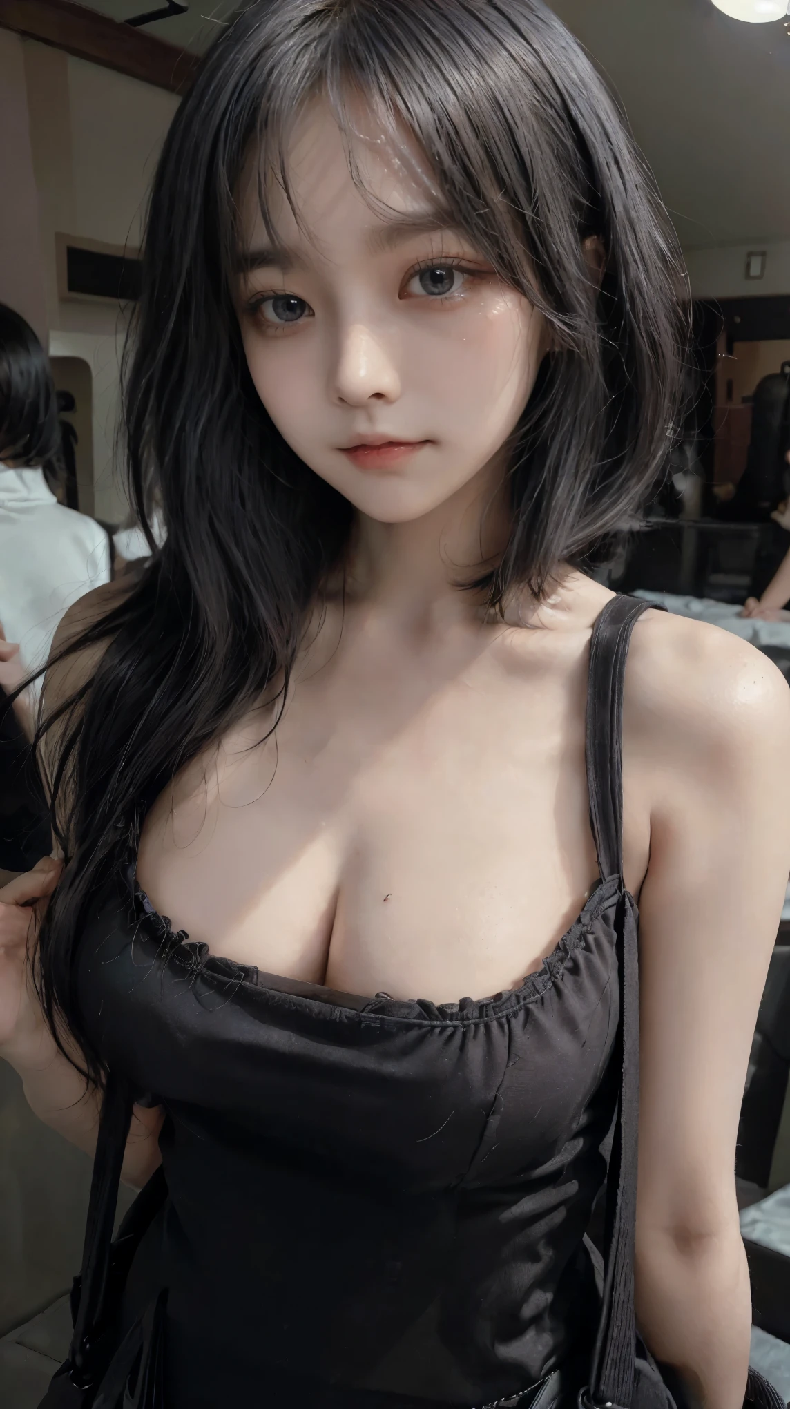 short black hair, shh, Cowgirl Top, big breasts, Sweaty cleavage, black skirt, sexy