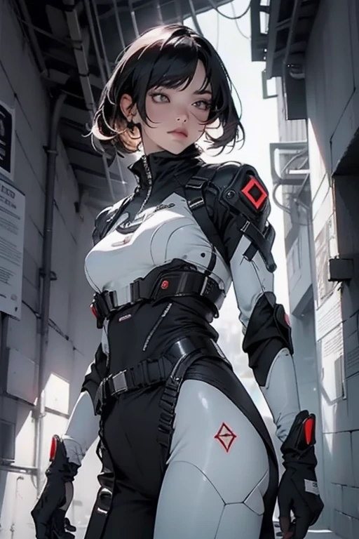 Woman body defined thick thighs cybernetic body parts, short underwear