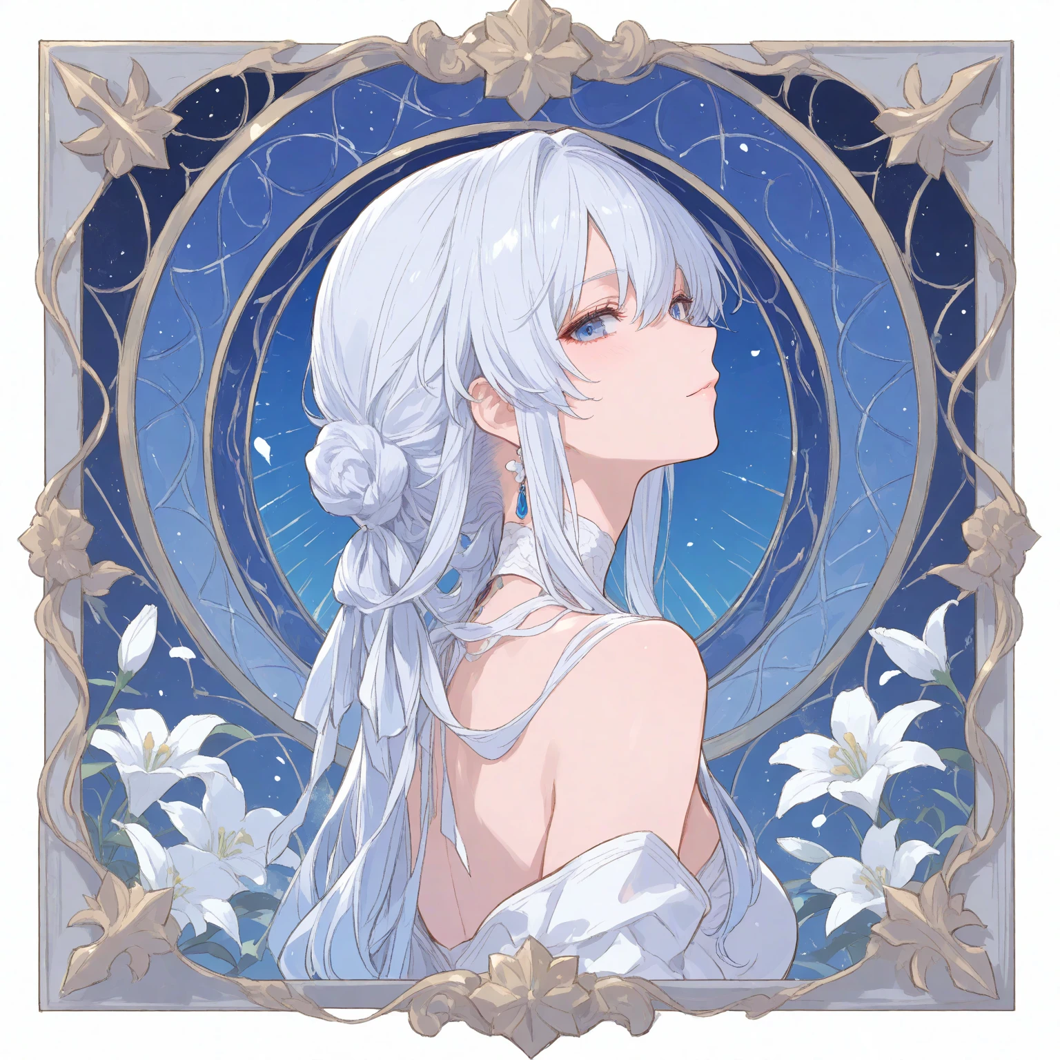 cinematic lighting, soft smile, profile, floating hair, starry sky background, bande dessinée style