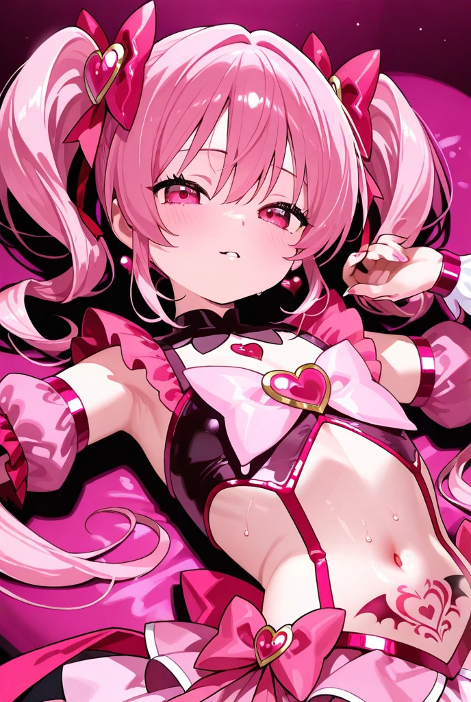 1 Girl, bad_end_Pretty Cure, bad_end_Happy,Pink Hair, Pink Eyes, Ruffled bodysuit, Are standing, Finding, jump, magic, Masterpiece Therapy_Happy, Red Gem、Wicked Smile, Dark world background, ,deep shaded face,sadistic smile,Malice,contempt,laugh at,