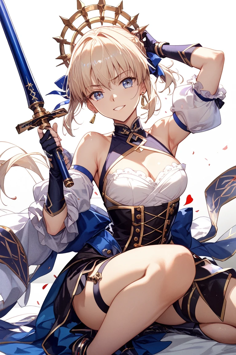 mastepiece, official art, realistic shaded perfect body, seductive barbaradef portrait, barbaradef, 4k, 1girl, solo,cowboy shot, long hair, up skirt,micro skirt, outdoor, white pantyhose, blush, shy, walking, low angle shot, (((best quality))), ((Ultra-detailed)), (Illustration), ((extremely delicate and beautiful)),looking at viewer, medium breasts, pantyhose,cyan eyes, blond hair, blue bow, blue bowtie, (blueskirt:1.4), shirt,solo, striped, striped bow, striped bowtie, swept bangs, white shirt,(huge ass:1.4),(wide hips,narrow waist:1.3), naughty face, flustered, surprised,(masterpiece, best quality:1.4),high quality, highly detailed,detailed,perfect,(Highres), (Detailed Illustration), Ultra-Detailed, Ambient Light, Realistic Shadows, Detailed Face, (Detailed Hair:1.2), Dim Lighting, Indirect Lighting, Reflections, Detailed Face, (Detailed Hair:1.2), (Desaturated:1.4), (Hyper-Detailed Eyes:1.2), (Detailed Hair:1.2), (Hyper-Detailed Eyes:1.4), (Detailed Eyes:1.6),Standing,(holding a sword:1.4)