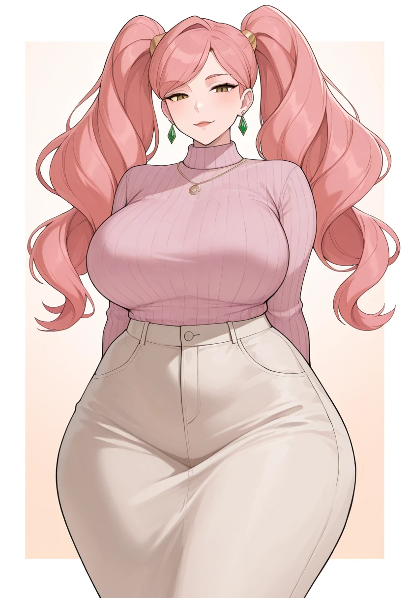 Best quality, solo mature woman, giant breasts, giant ass, very curvy, long braided hair, pale pink apricot eyes, full lips, seductive, smiling, turtle neck sweater, pencil skirt