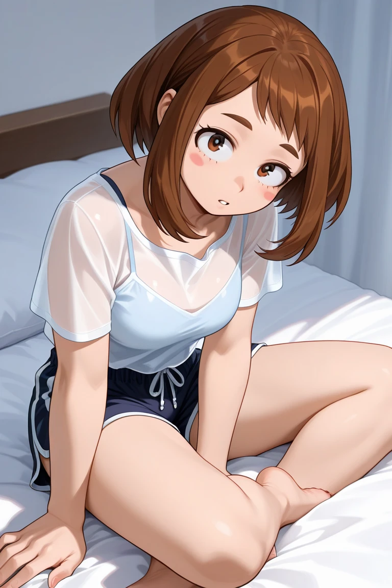 A full-body shot of a age Japanese girl with a youthful round face. She has a soothing, round face and looks like a famous idol. She has long, silky brown hair and a beautiful, translucent complexion. She is sitting in her room, leaning against a sofa, looking tired. She is wearing a sheer nightgown, and soft light is streaming in from the window, creating a serene atmosphere. High-resolution, natural-looking photo.