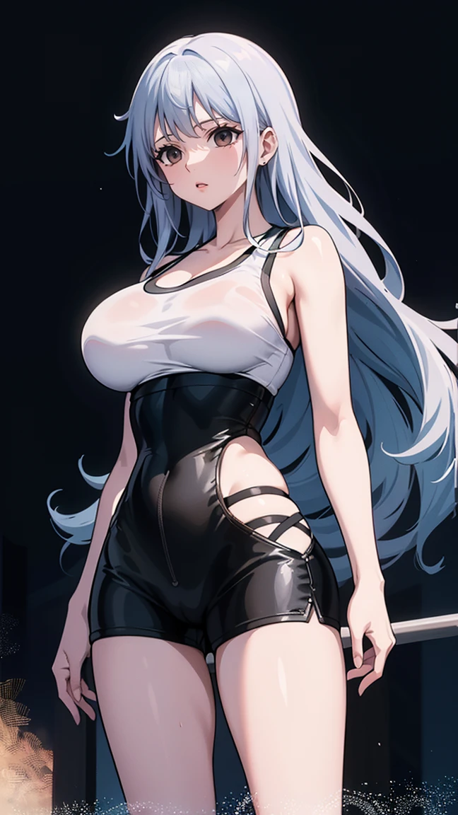 (gigantic breastss:1.2),halo angelical,Idol,long white hair,pale skin,latex gloves,high-heeled leather boots,standing posture,Full body like,smilling face,Black slingshot swimsuit,Xale de vison,exposing your navel,Expose the armpits,White background,simple background