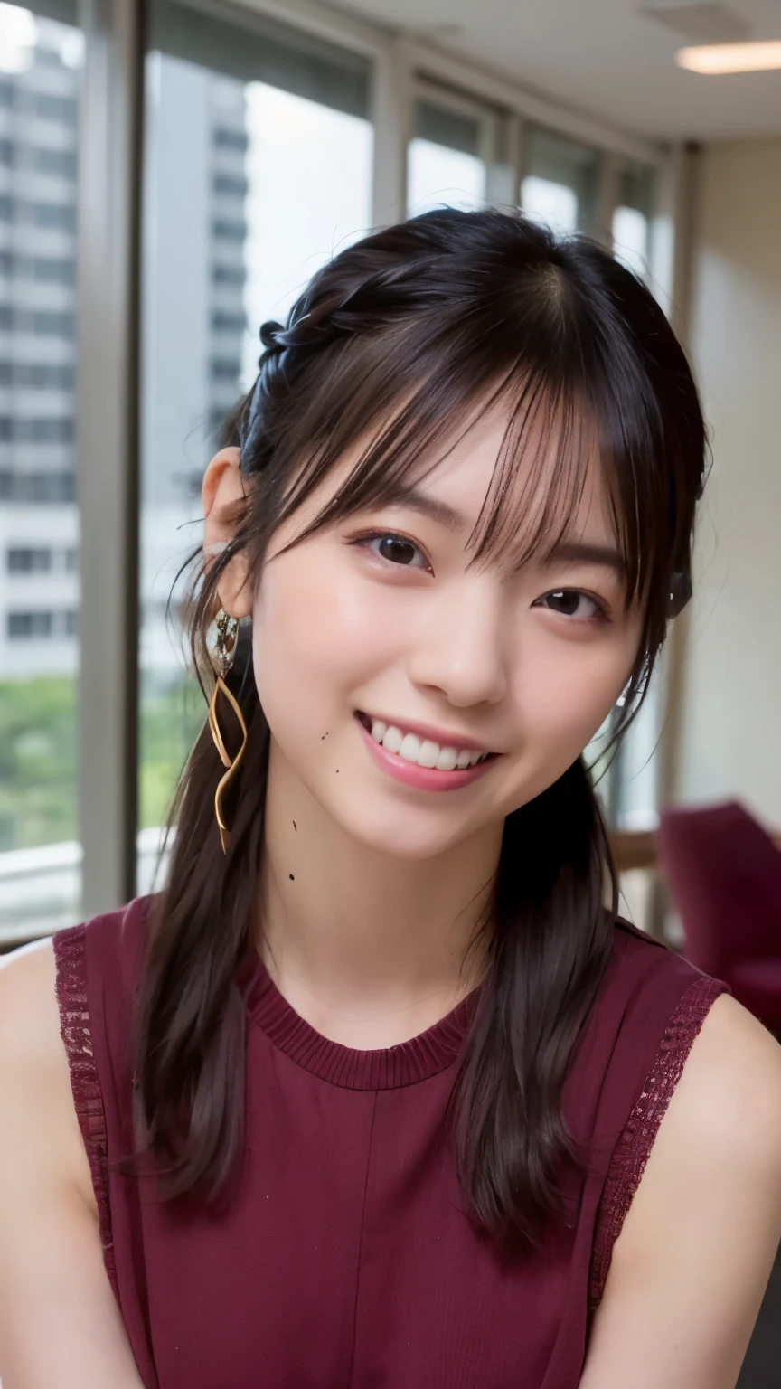 One Woman,Japanese、Beautiful Eyes,Symmetrical eyes,Slim figure, Realistic teeth, double eyelid,Pout,Long Hair、(Ponytail Hair:1.3),smile、Red Bikini,(whole body:1.2),D cup breasts