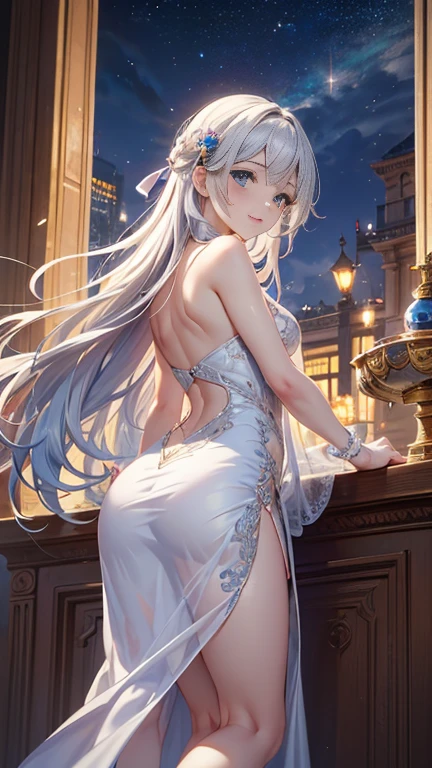 In a serene setting, there's a stunning young woman with long, flowing white hair that cascades like a shimmering waterfall down her back. Her captivating blue eyes reflect the calm of a tranquil night sky. She's gracefully seated on the floor, wearing a comfortable sleep outfit that complements her ethereal beauty. The soft moonlight bathes her in a gentle glow, enhancing her enchanting presence,