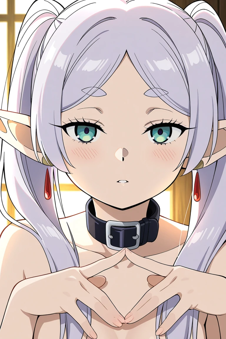 ((masterpiece, best quality)), high resolution,ultra detailed,8k,16k,detailed background, perfect lighting,detailed beautiful eyes, 1girl,nsfw,embarrassed,blush,steam,sweat,in heat,look at viewer,face focus,(front view:1.2),upper_body,provocative eyes,happy smile,arms up,fisheye lens,(pov:1.4),1boy,(grab breast,hetero:1.3),be breathless,confused
,(short_stature,kawaii,small breast),wz_sousou_no_frieren_style, twintails, very long hair, silver hair, pointy ears, elf,green eyes,earrings,(forehead)