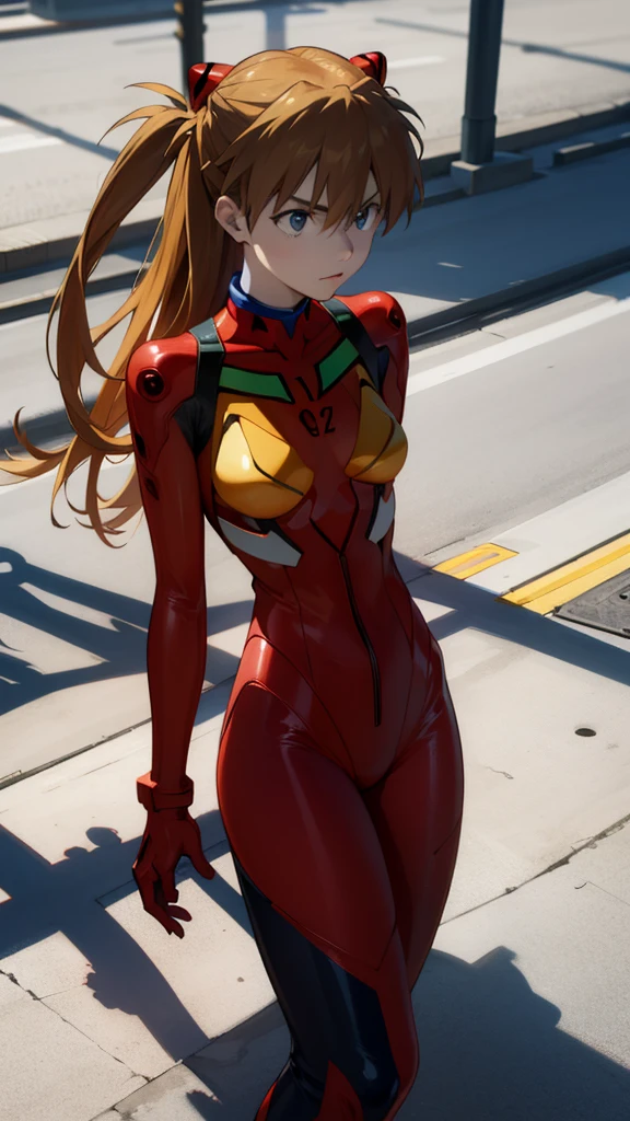 (masterpiece, best quality), 1girl, beautiful face, beautiful body, souryuu_asuka_langley, plugsuit, bodysuit, interface headset, red bodysuit, hair between eyes, pilot suit