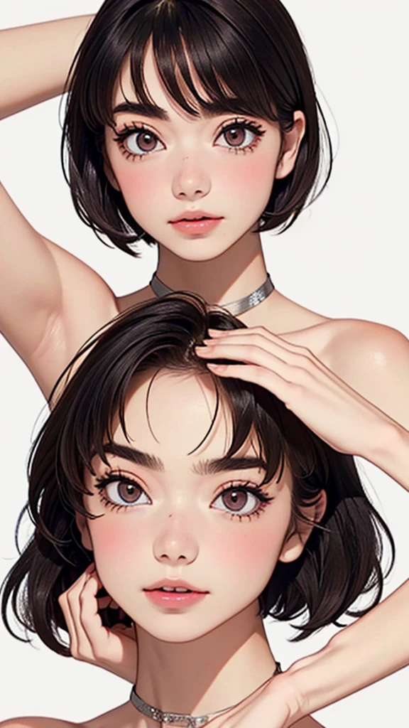 ((2heads:1.5)), (high-level image quality、high-detail、hightquality、hight resolution、Draw everything in high resolution)、Intense crystal light blue eyes、耳Nipple Ring、Look firmly at the camera、Put your ears out、Beautiful short black hair、Beautiful very short beautiful hair with bangs、beautiful decollete、Beautiful 28 years old、lipgloss、long neck、Happy smile、Beautiful teeth alignment、Beautiful teeth、Beautie、Pretty Woman、touch the lower lip with the index finger of the right hand,:2.0、Complete and perfect finger depiction