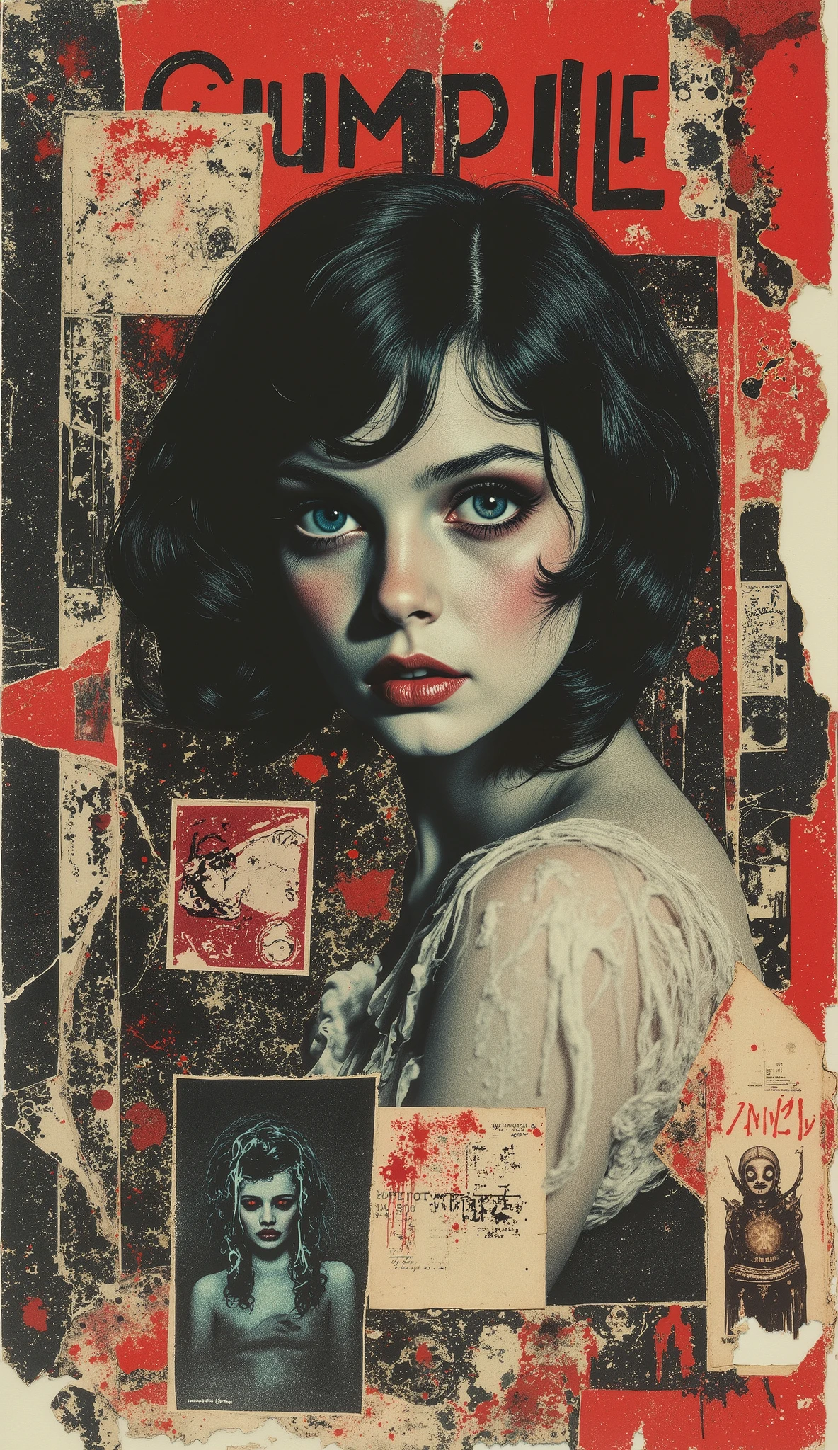 film(1929), directed by Luis Buñuel, Surreal retro collage artwork composed of cutouts from vintage horror magazines, chaotic and rebellious composition, torn paper textures, bold pop colors, absurd juxtapositions, sinister nostalgic aesthetic. Hidden within the vibrant, there is a very, very sinister and strange girl, with black and white hair — subtly integrated, fragmented and partially obscured, immovable in the midst of chaos. At first sight, imperceptible, but revealed upon closer inspection. It evokes mystery and contrast, combining nostalgia with silent rebellion and horror.