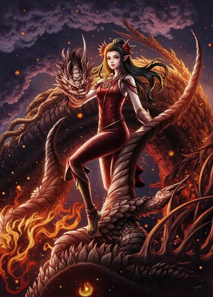 Dragon-Girl, deep red hair, big hair, portrait, serious face, Queen of Dragons, Dynasty of fire