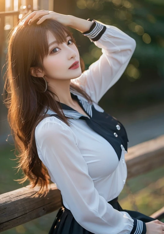 <lora:Striped_C1_Dress_By_Stable_Yogi:0.8>, best quality, masterpiece, illustration, realistic, photo-realistic, amazing, finely detail, incredibly absurdres, huge filesize, ultra-detailed, highres, extremely detailed CG unity 8k wallpaper, nsfw, A young Korean pop singer with a stylish and trendy look. She has long, dark hair styled in a high ponytail with a side part. She is wearing a striped button-down shirt with a striped necktie, a pleated skirt, and thigh-high stockings. She is standing in front of a neon-lit cityscape backdrop, and she is looking at the camera with a confident expression. Her makeup is done in a natural but glamorous style, and her cleavage is clearly visible. The camera is positioned at a slightly closer angle, capturing her beauty in detail.