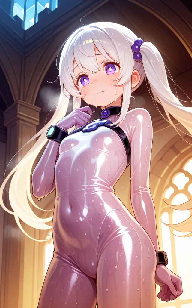 sexy alien girl, flat chest, hourglass body, bright clothes, curious expression, pale skin, big cute eyes, from below, little pointy ears, black sclera, antennas