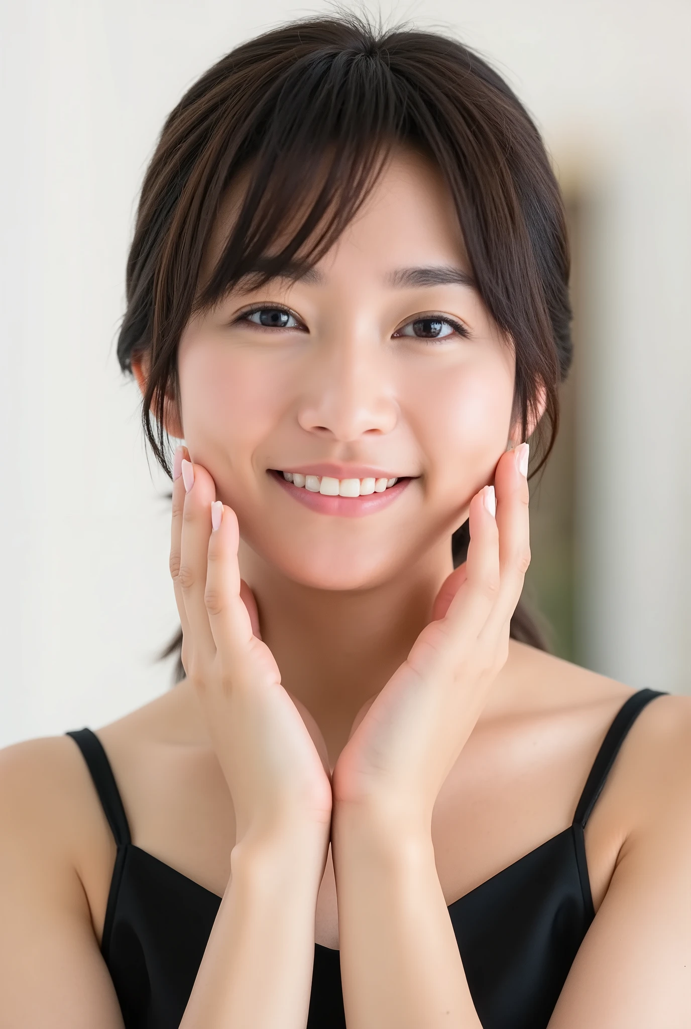 An extreme ultra close-up portrait of a stunningly beautiful young Japanese woman in her early twenties. Her face fills 95% of the frame, captured in cinematic soft lighting. She has a warm skin tone with flushed cheeks, porcelain-smooth complexion, visible soft peach fuzz, and a subtle natural sheen, like a luxury skincare advertisement.

Her expression is completely melted with affection and bashful joy — a wide, trembling smile with parted glossy lips, slightly showing her upper teeth, as if she's barely containing laughter from overwhelming happiness. Both hands gently cup her cheeks with fingers softly curved, fingertips lightly touching beneath her jaw.

She wears a simple black camisole with one shoulder strap slightly falling off, revealing delicate collarbones and emphasizing her emotional vulnerability.

Her straight black hair flows naturally with soft, airy bangs, catching light with silky highlights. Her head is tilted slightly downward with chin tucked in, posture leaning forward gently as if emotionally collapsing.

Her **eyes are huge, moist, and overflowing with sparkling emotion**:  
– One eye is winking playfully, the other gazing at the viewer with a **tender, lovestruck look**  
– The open eye features **multi-layered crystalline irises**, glowing softly with **bright pastel highlights**, and **heart-shaped catchlights** dancing across the surface  
– Her expression feels completely lost in love: sweet, euphoric, and dopey  
– Her gaze is slightly dreamy, shimmering with emotional warmth and intimate sparkle

The background is soft, white, and gently blurred with cinematic bokeh. Lighting emphasizes the glow of her skin and the emotional texture of the image. The overall look is hyperrealistic, deeply affectionate, and saturated with a helplessly sweet and bashful mood.

— Expression: melty smile, soft cheeks, emotionally overwhelmed  
— Eyes: sparkly, heart-filled, gently glowing, ultra-expressive  
— Lighting: cinematic soft white with golden 