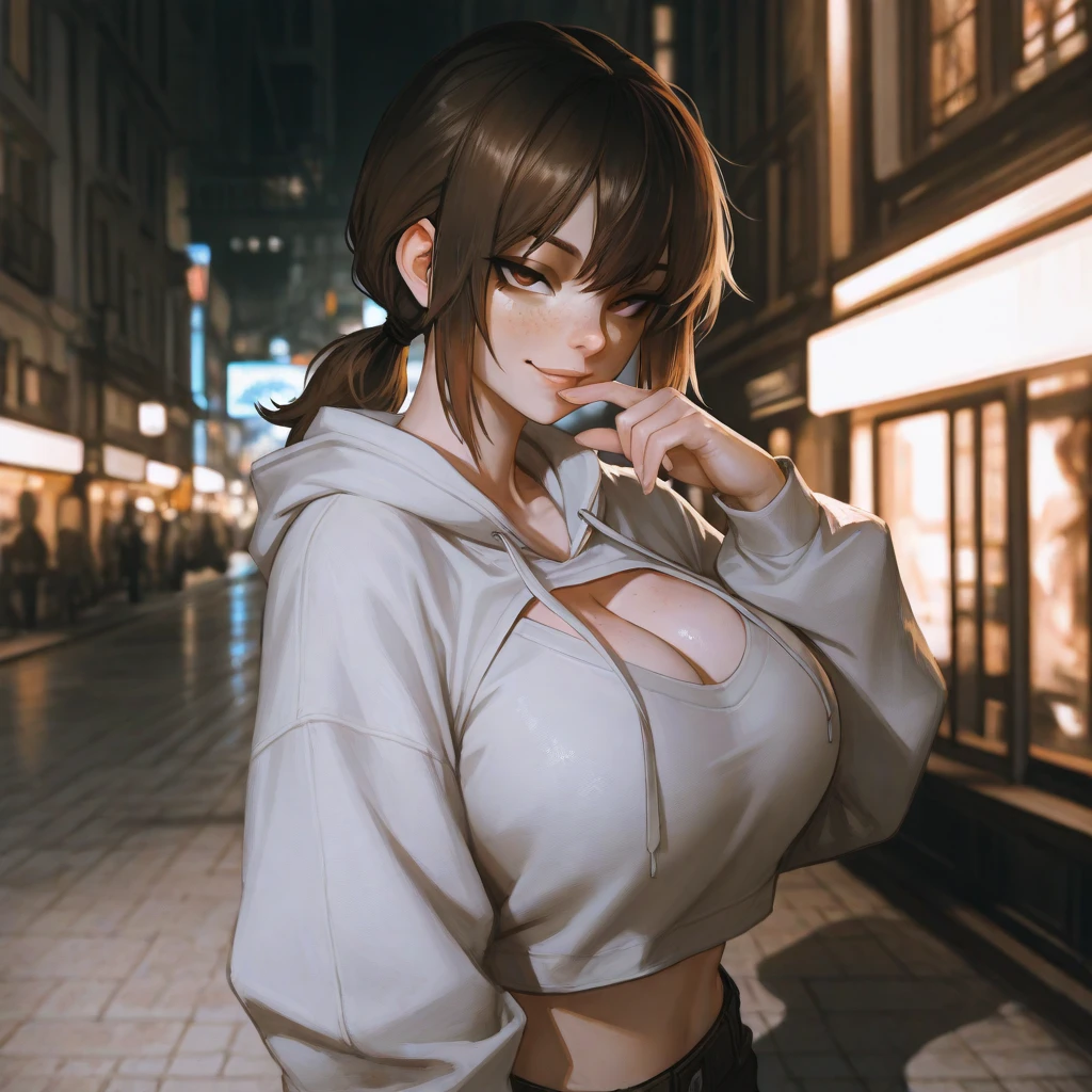 ((Realistic lighting, Best quality, 8k, Masterpiece: 1.3)), Sharp focus: 1.2, 1 girl, Beautiful woman with perfect body: 1.4, Slim abdomen: 1.1, ((Dark brown hair, Huge breasts: 1.3)), ( White Cardigan, Shorts: 1.3), Cowgirl pose, (Outdoor, Night: 1.1), City Street, Ultra detailed face, Detailed eyes, Double eyelid --LoRa --s2