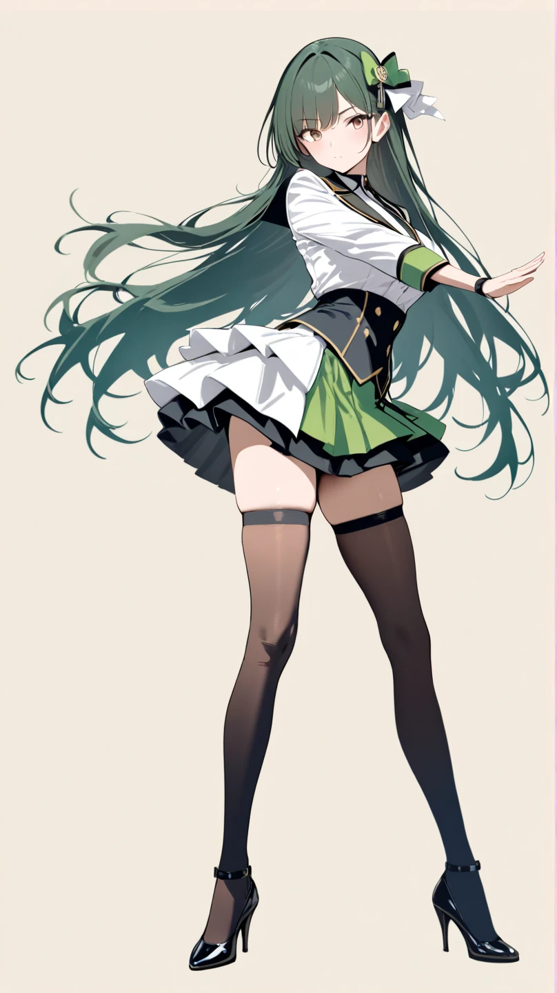 (masterpiece), (best quality), detailed, 1 girl, soro, twintails, long wavy hair twintails.hairs between eyes,dark green eyes ,dark green hair, (magical girl:1.2), bow, dress, (pink:0.6), over legwear, boots, too many frills, too many bow, standing,striped panties.magical stick, mechanical stick, magic cercle, frying,from below