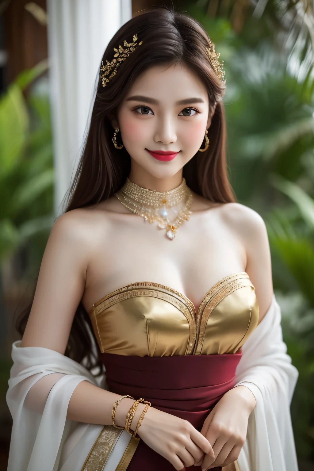 Beautiful girl: siêu dễ thương;
Age: from 18-20 years old;
hair: copper orange color, soft, shiny under the sunlight, detail;
skin: milky white, rosy and flawless;
eye: jet black, almond shaped, sexy, youthful, trong trẻo, siêu detail, elegant, charming, sharp makeup, true, Eye-catching;
mí eye: delicate, perfect;
eyebrow: cong, dark;
face: beautiful, pure, fairy, Gentle makeup, lovely, cân đối perfect, đẹp đến từng detail;
nose: xinh, lovely, cao;
cheekbone: prominent;
lip: charming, light red lipstick, son bóng lovely;
răng: Lily-white;
Nụ cười graceful, Show off your bright white teeth;
breast: full, deep slits, ((tight)), tight bra, pointed nipples;
apparel: bright red, gold embroidery, metal, silver mesh;
underwear: ren, ((Red)), viền metal, tight;
Hình dáng cơ thể: full, graceful, youthful;
accessory: ruby necklace, bông tai ruby, rivet;
dress: tight, ((mỏng xuyên thấu)), floral embroidery;
Fashion style: high-class, modern, luxurious;
Image quality: non-NSFW, 8K CG HD, High resolution, Super nice graphics, professional, detail, Colorful, Super smooth, advanced techniques, RAW true;
light: luxurious, complex color combinations, black gold rays;
((Wallpaper: crowded street, modern));
((The sunlight sparkled all over the girl&#39;s body));
((The girl dressed up as Snow White with a red bow, đứng cạnh nữ hoàng ma cà rồng beautiful, phong cách cosplay thực tế));