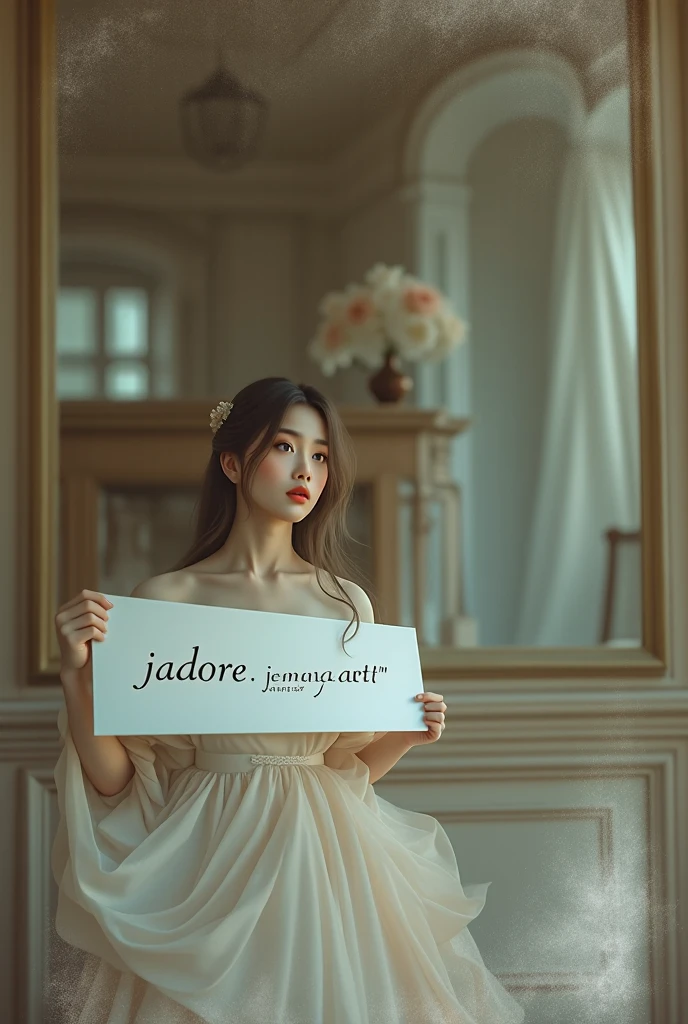 22 years old beautiful chinese woman,((perfect anatomy)),french bob hair style,wearing white bra, wearing white hotpants, in the room, she is holding a sign that says "SLION_ART