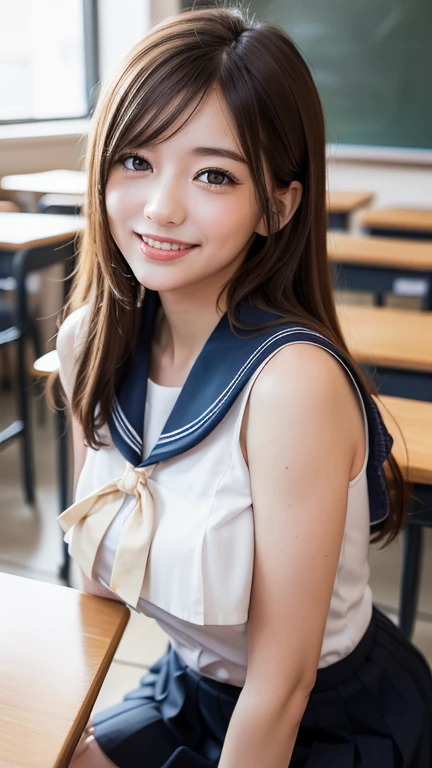 (8k, highest quality, Pieces fly:1.2)、Ultra-high resolution、anime,1 very pretty girl,Asuka Langley,Highly detailed face, Fine grain,blue eyes,,White sailor collar plain short sleeve shirt,Light blue skirt,Light Blue Suspenders,uniform_Red ribbon,Orange Hair,Long Hair、Detailed hand and fingers,put your hands in your hair,Grin、sitting on desk,Shooting from above,classroom