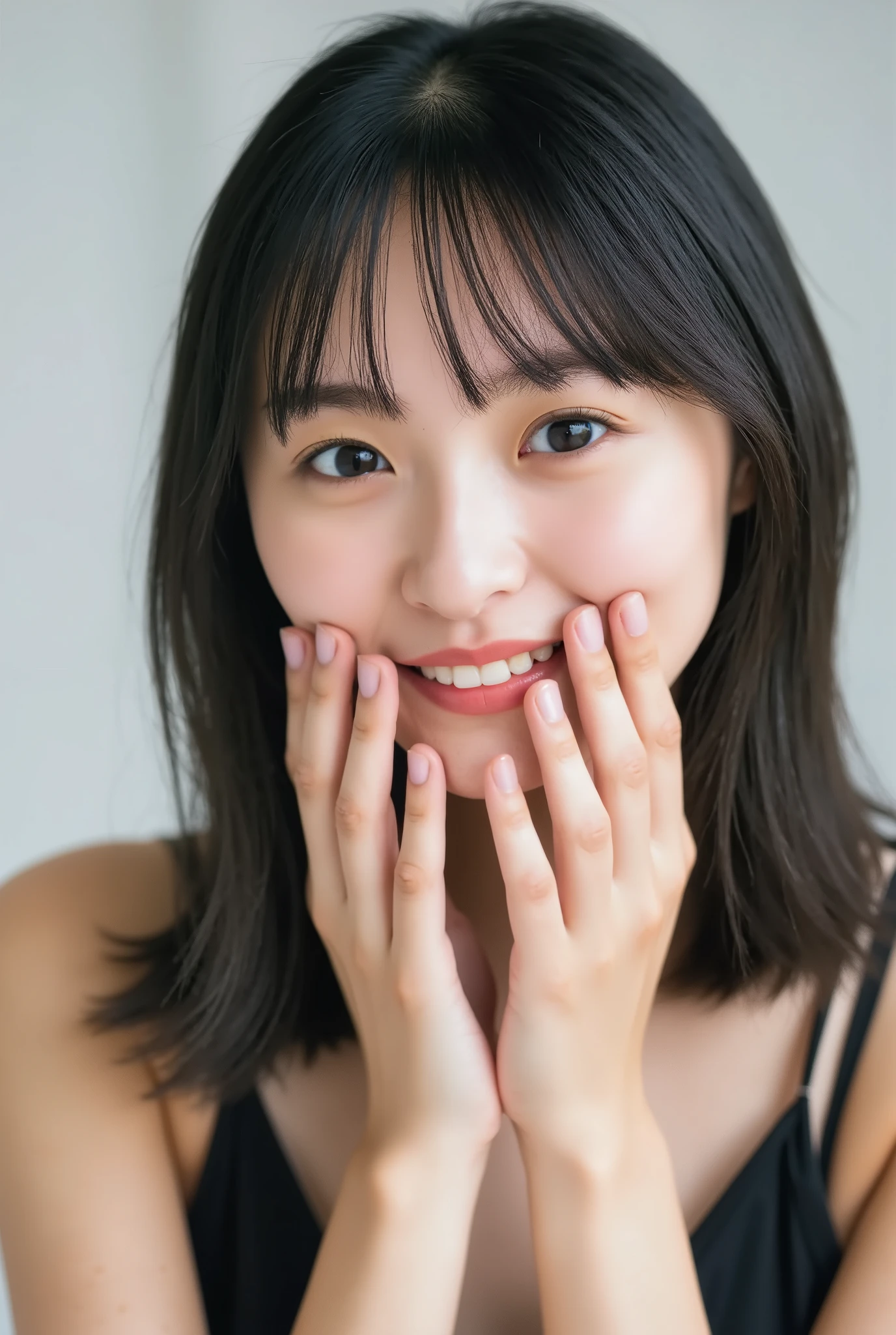 An extreme ultra close-up portrait of a stunningly beautiful young Japanese woman in her early twenties. Her face fills 95% of the frame, captured in cinematic soft lighting. She has a warm skin tone with flushed cheeks, porcelain-smooth complexion, visible soft peach fuzz, and a subtle natural sheen, like a luxury skincare advertisement.

Her expression is completely melted with affection and bashful joy — a wide, trembling smile with parted glossy lips, slightly showing her upper teeth, as if she's barely containing laughter from overwhelming happiness. Both hands gently cup her cheeks with fingers softly curved, fingertips lightly touching beneath her jaw.

She wears a simple black camisole with one shoulder strap slightly falling off, revealing delicate collarbones and emphasizing her emotional vulnerability.

Her straight black hair flows naturally with soft, airy bangs, catching light with silky highlights. Her head is tilted slightly downward with chin tucked in, posture leaning forward gently as if emotionally collapsing.

Her **eyes are huge, moist, and overflowing with sparkling emotion**:  
– One eye is winking playfully, the other gazing at the viewer with a **tender, lovestruck look**  
– The open eye features **multi-layered crystalline irises**, glowing softly with **bright pastel highlights**, and **heart-shaped catchlights** dancing across the surface  
– Her expression feels completely lost in love: sweet, euphoric, and dopey  
– Her gaze is slightly dreamy, shimmering with emotional warmth and intimate sparkle

The background is soft, white, and gently blurred with cinematic bokeh. Lighting emphasizes the glow of her skin and the emotional texture of the image. The overall look is hyperrealistic, deeply affectionate, and saturated with a helplessly sweet and bashful mood.

— Expression: melty smile, soft cheeks, emotionally overwhelmed  
— Eyes: sparkly, heart-filled, gently glowing, ultra-expressive  
— Lighting: cinematic soft white with golden 