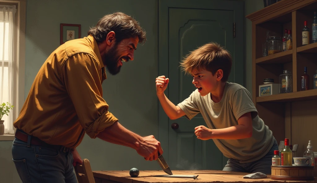 (photorealism:1.2), A very angry , wearing full pants and t-shirt, The boy is being told by his father, the boy's father is handing him a hammer,
