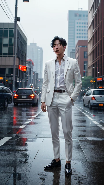 (best quality:1.4), (ultra highres:1.2), (photorealistic:1.4), (8k, RAW photo:1.2), Realistic handsome Japanese guy, muscle, fit, 18 years old, shirtless, topless, wear jockstrap, bedroom, wet body, raincoat, rain day, rain, on street in the city