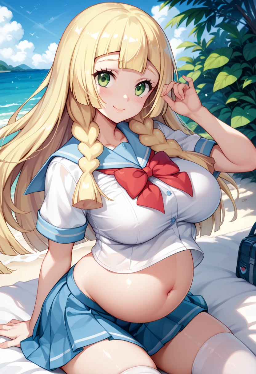 Highest quality、High resolution、Detailed Background、(Beautiful face in every detail:1.4)、Anatomically correct、(Normal number of fingers:1.2)、(Detailed eyes:1.2)、age beauty、Highly detailed face、(Huge breasts:1.2)、Attractive ass、Attractive thick thighs、Perfect body line、
Light color hair、Braided Ponytail、Braided bob cut、well-groomed eyebrows、(Short-sleeved white sailor suit、White sailor collar、Pleated skirt)、cute gesture、Sandy beach in clear weather、barefoot、Blushing、(underboob:1.2)、My clothes are wet and transparent、Panty shot、(Beautiful girl lying on the beach with a happy expression:1.5)、cute