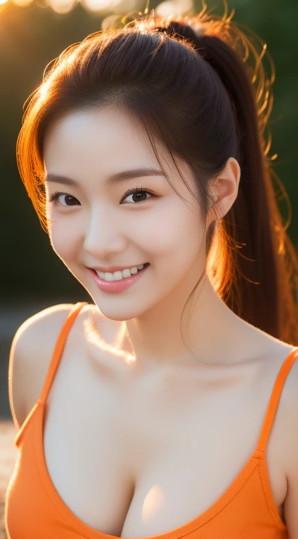 realistic photos of 1 cute Korean star, ponytail hair, white skin, thin makeup, 32 inch breasts size, slightly smile, wearing orange camisole, pants, in the japanese garden, sunset light, close-up portrait, UHD