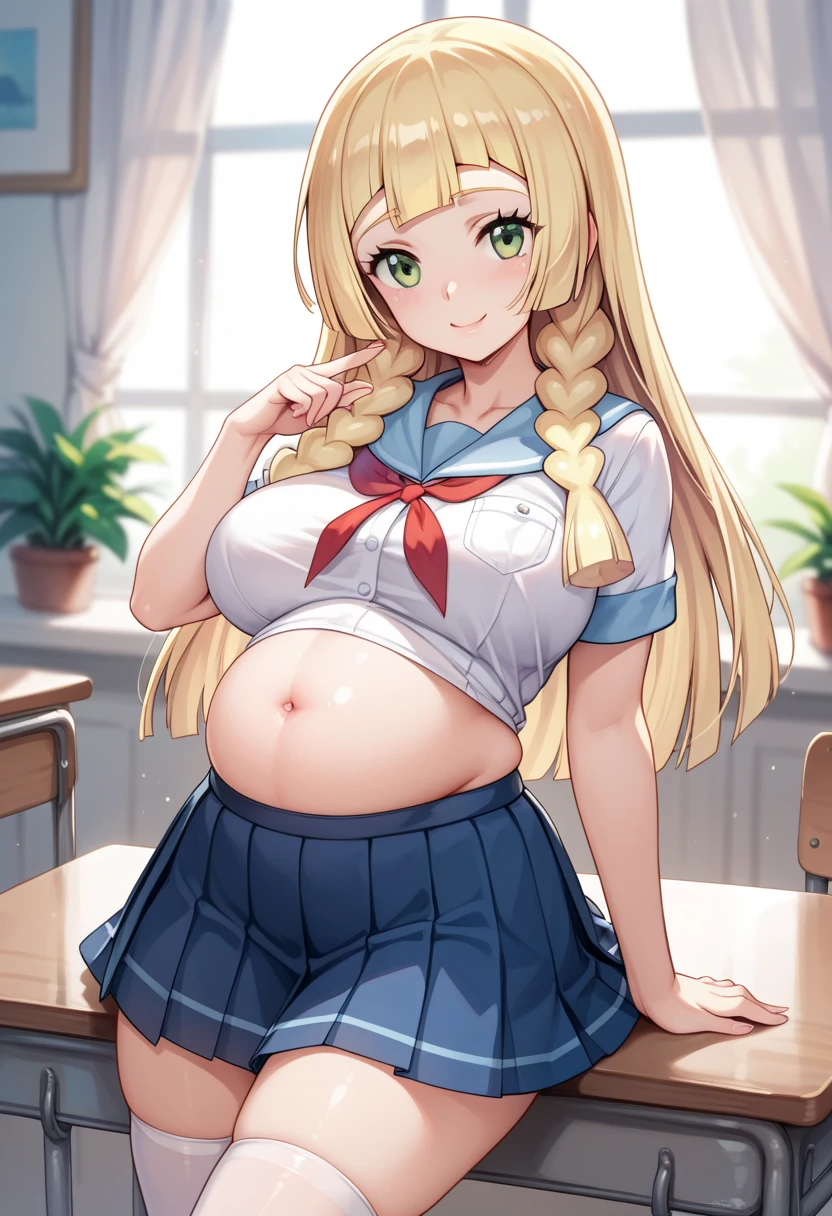 Hiro Default,shinosawa hiro,thin,Orange eyes,White eyelashes,Blonde,Long Hair,Hair Clip、blush、The whole body is visible、pregnancy、Pregnant women:1.5、Slim:1.5、White collared shirt、Red tie ribbon、Grey pleated skirt、White knee-high socks