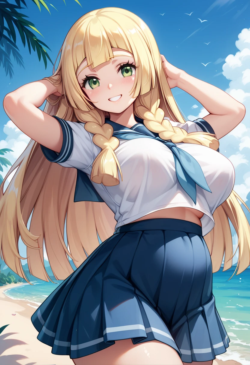 (masterpiece, glossy, best quality, photo realistic, hyper realistic, super fine illustration, ultra high res, large_filesize, 64K, extremely detailed, realistic background, detailed background:1), atmospheric,
BREAK 1 beautiful girl, girl, (cute:1.5),(Little:0.5),(cute:2.0),(change:2.0),(12 year old girl),(big breasts:1.65),(chin hair,blonde,blue bow,green eyes,Eyebrows visible through the hair,side lock,long hair with bangs parted, hair flower, hair ornaments, big ribbon in hair, curly hair, ponytail:1.6),:he, white feathers, one thin white wing, Ang he wings, spread your wings, shining wings),pit \black},glowing skin, beautiful skin, Shining beautiful skin, open your mouth, bashful smile, alone, tooth, upper teeth,(long eyheashes, double eyheids:1.2),alone, glowing skin, beautiful skin,(The best smile,:D:1.45),
BREAK
wearing a bright and lively-colored T-shirt with jeans. Her outfit looks casual and comfortable、
BREAK
Location:
She has arrived at a resort area with a beautiful coastline. White sandy beaches and blue seas stretch out around her.
**BREAK**
**Activity:**
She is sitting on the beach, capturing the scenery with a camera in her hand. Smiling, she enjoys the view of the sea, embracing the new surroundings.
BREAK
Composition:
She sits at the edge of the coastline, with the blue sea expanding on the left and white sandy beaches stretching on the right. Beautiful palm trees line around her.
BREAK,wakame,wakame,wakame,(from front,cowboy shot:1.5),hanging breasts,nose blush,heavy breathing,steam,((:o):1.2)
BREAK,(Blurry background:1.3),(absurderes, hight resolution, Super Detail Art),cel shading,Clear Color,Lonely optical effect,Beautiful pictures,Bright glow,mystic atmosphere,(Close-up of girl:0.8),Mystical light particle effect,manga influence,clean line drawings,